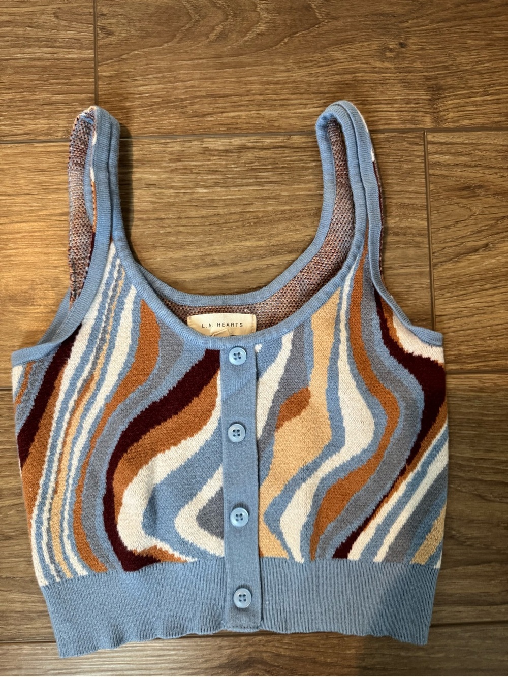 La Hearts Sky Blue Multi Swirl Knit Button Tank